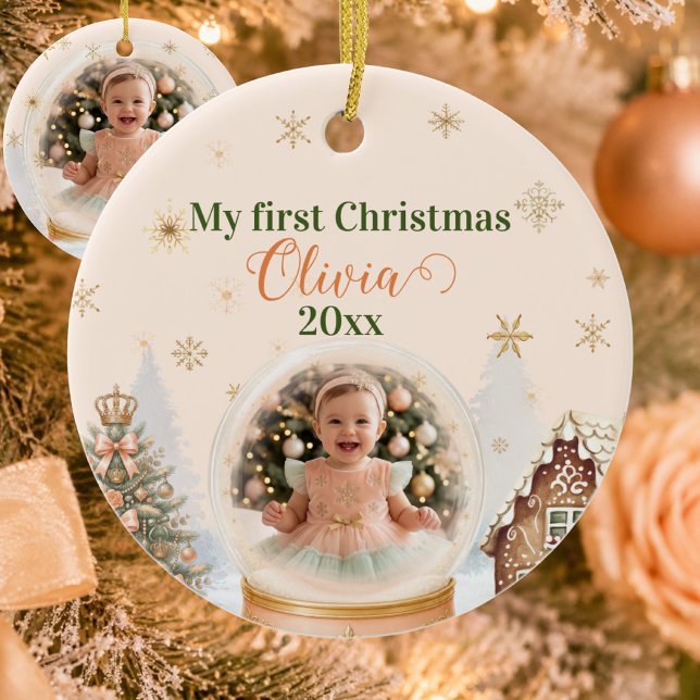  Baby's First Christmas Photo Personalized  Ceramic Ornament (Nutcracker First Christmas Photo Snow Globe Ceramic Ornament - Front)