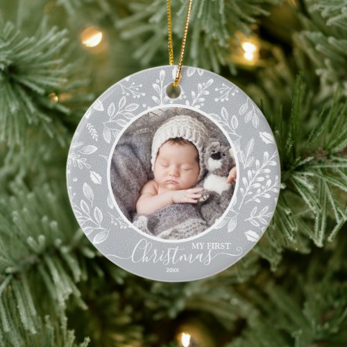 Babys First Christmas Photo Pewter Ceramic Ornament