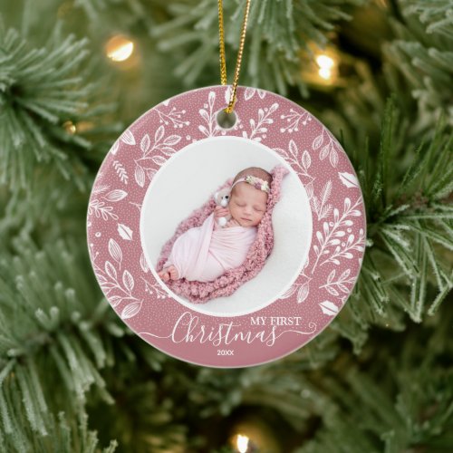 Babys First Christmas Photo Pink Ceramic Ornament