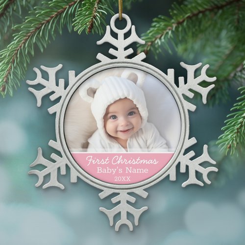 Babys First Christmas Photo Pink Girl Background Snowflake Pewter Christmas Ornament