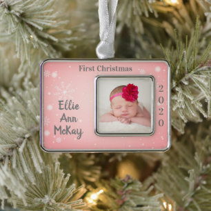 Baby's First Christmas Photo Pink Snowflake Christmas Ornament