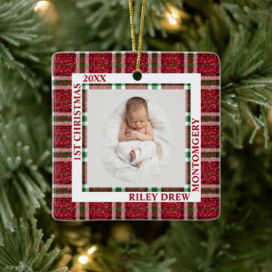 Baby's First Christmas Photo Plaid Ceramic Ornament