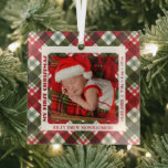 Baby's First Christmas Photo Plaid Glass Ornament<br><div class="desc">Your favorite photo is featured on a square glass ornament with a red,  green and white plaid background. Personalized and upload your own image and information to create Christmas tree ornaments for yourself or give as a gift to family,  friends,  parents and grandparents! MORE DESIGNS in our store.</div>