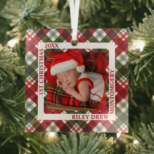 Baby's First Christmas Photo Plaid Glass Ornament