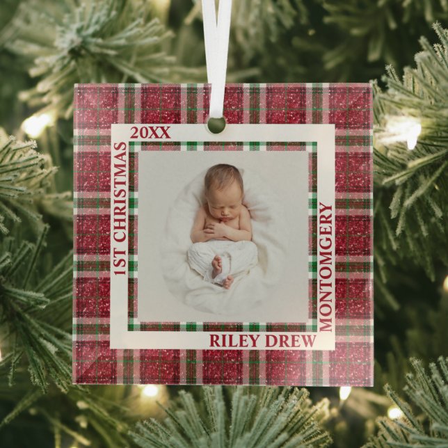 Baby's First Christmas Photo Plaid Glass Ornament (Insitu)