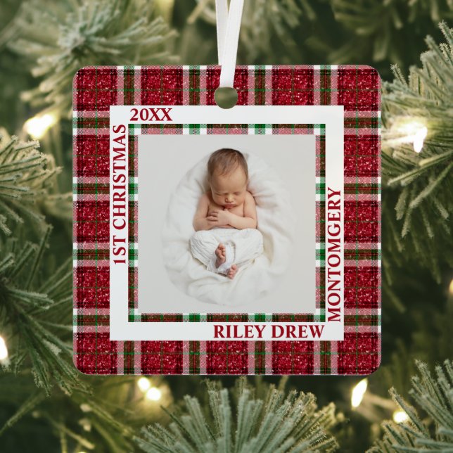 Baby's First Christmas Photo Plaid Metal Ornament (Insitu)