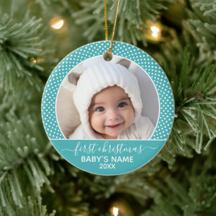 Baby's First Christmas Photo Polka Dot Calligraphy Ceramic Ornament
