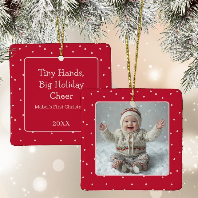 Baby's First Christmas Photo Polka Dot New Parent Ceramic Ornament (Creator Uploaded)