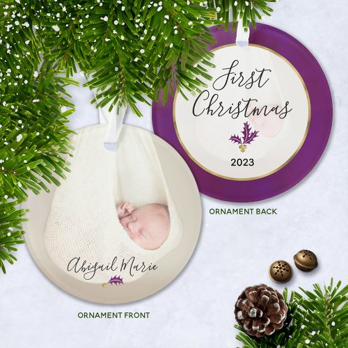 Babys First Christmas Photo Purple  Gold Ornament
