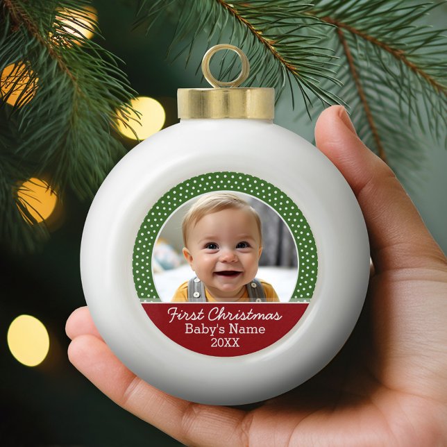 Baby's First Christmas Photo - Red and Green Ceramic Ball Christmas Ornament (Personalized Photo Ornament)