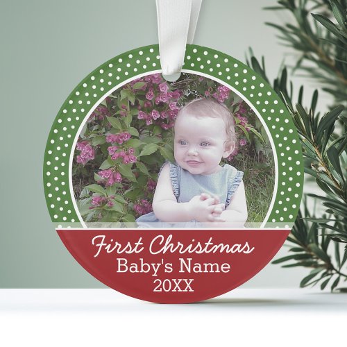 Babys First Christmas Photo _ Red and Green Ornament