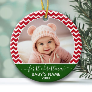 Baby's First Christmas Photo red chevrons green Ceramic Ornament