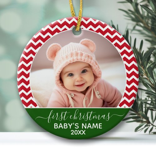 Babys First Christmas Photo red chevrons green Ceramic Ornament