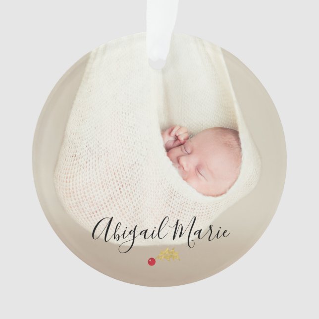 Baby's First Christmas Photo Red & Gold Holly Ornament (Front)