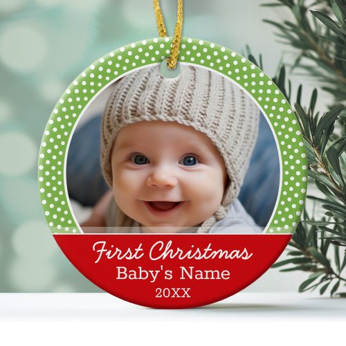 Babys First Christmas Photo _ Red Green polka dot Ceramic Ornament