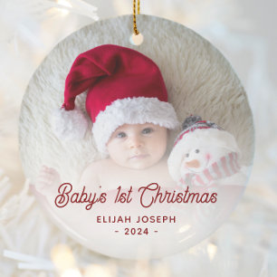 Baby's First Christmas Photo Red Retro Script Ceramic Ornament