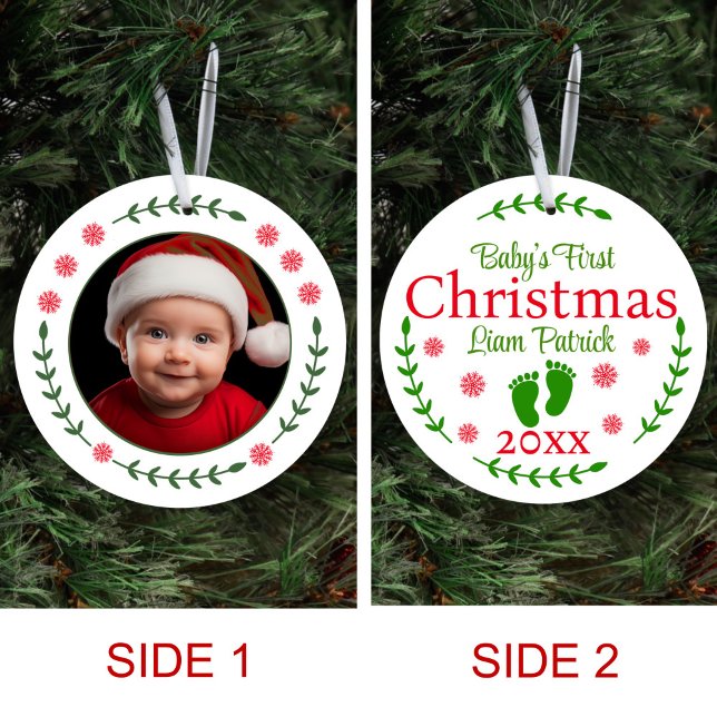 Babys First Christmas Photo Red Snowflake & Laurel Ceramic Ornament (Creator Uploaded)