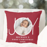 Baby's First Christmas Photo Red Throw Pillow<br><div class="desc">This festive Baby's First Christmas Photo pillow is decorated with the word JOY on a maroon red background.
Easily customizable with your photo,  name,  and year.</div>