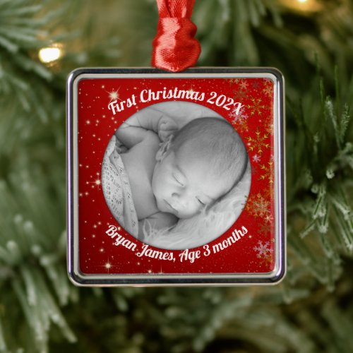 Babys First Christmas Photo Red Twinkling Stars Metal Ornament