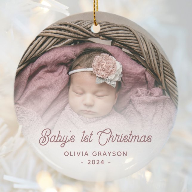 Baby's First Christmas Photo Rose Retro Script Ceramic Ornament (Creator Uploaded)
