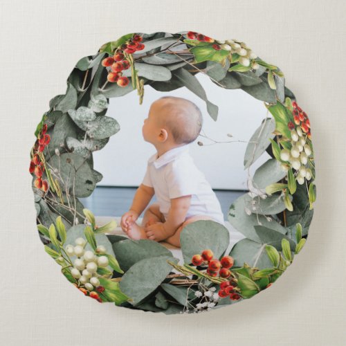 Babys First Christmas Photo Round Pillow