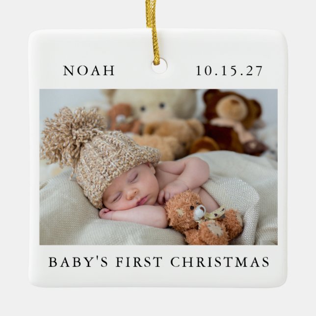 Baby's First Christmas Photo Simple Modern Ceramic Ornament (Front)
