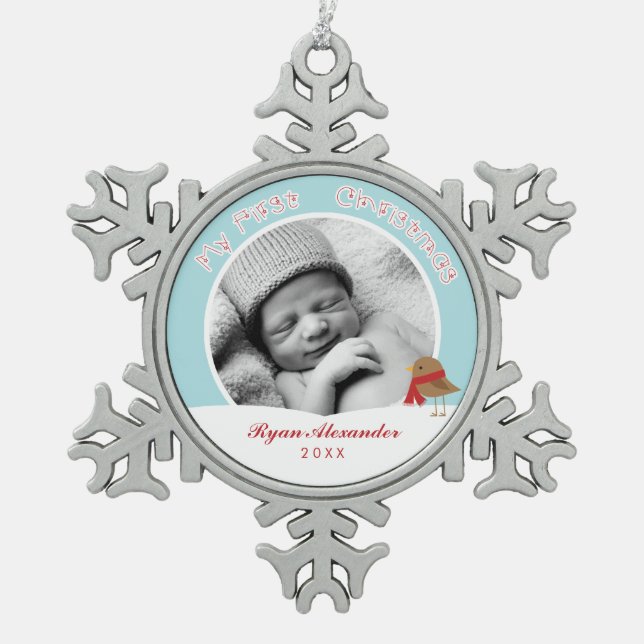 Baby's First Christmas Photo Snowflake Pewter Christmas Ornament (Front)