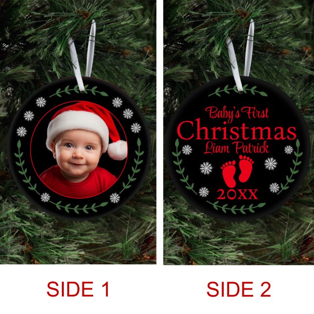 Babys First Christmas Photo Snowflakes & Laurel Ceramic Ornament (Creator Uploaded)