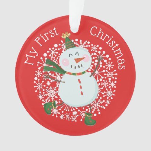 Babys First Christmas Photo Snowman Snowflakes Ornament