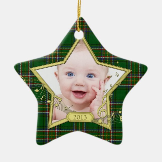 Baby's First Christmas Photo Star Irish Tartan Ceramic Ornament (Front)