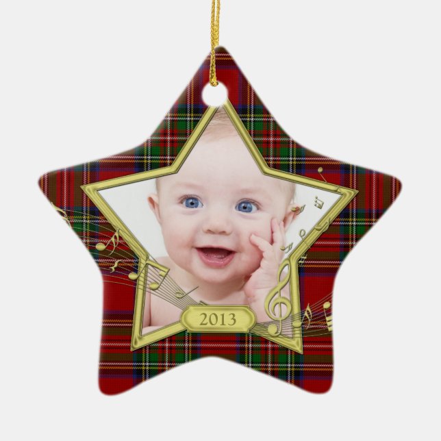 Baby's First Christmas Photo Star Tartan Xmas Ceramic Ornament (Front)