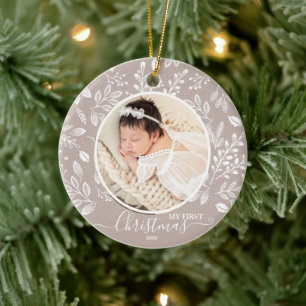 Baby's First Christmas Photo Taupe Ceramic Ornament