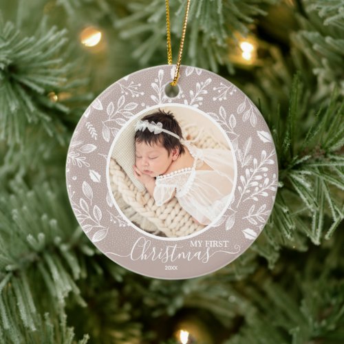 Babys First Christmas Photo Taupe Ceramic Ornament