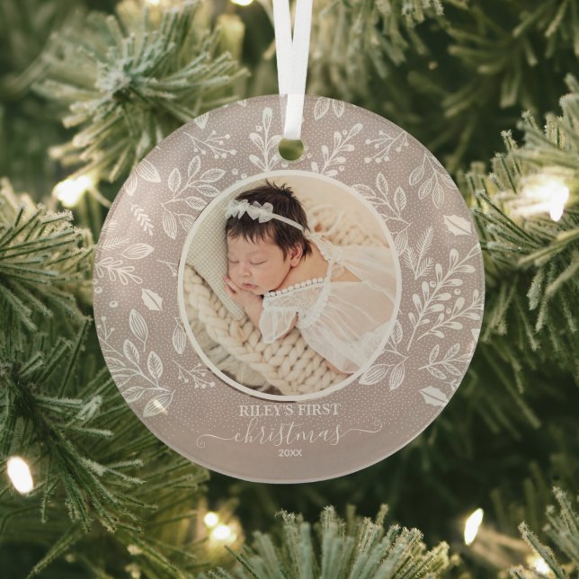Baby's First Christmas Photo Taupe Glass Ornament (Insitu)