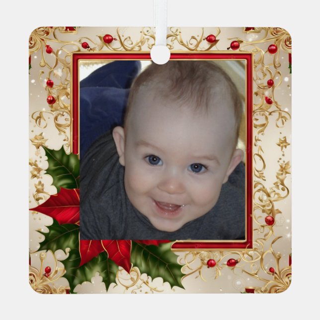 Baby's First Christmas Photo Template Metal Ornament (Back)