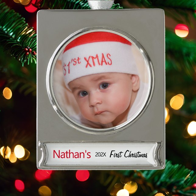 Baby's First Christmas Photo Template Name Year Silver Plated Banner Ornament (Creator Uploaded)