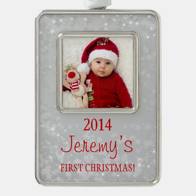 Baby's First Christmas Photo Template Silver Red Christmas Ornament (Front)
