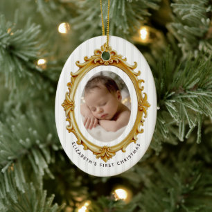 Baby's First Christmas Photo Vintage Gold Frame Ceramic Ornament