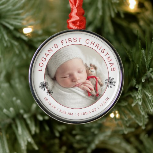 Babys First Christmas Photo with Birth Stat Metal Ornament