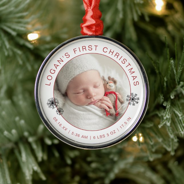 Baby's First Christmas Photo with Birth Stat Metal Ornament (Tree)