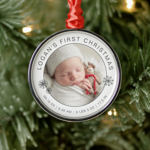 Babys First Christmas Photo with Birth Stats Metal Ornament