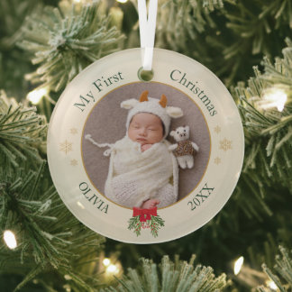 Baby's First Christmas Photo with Name & Date Glass Ornament