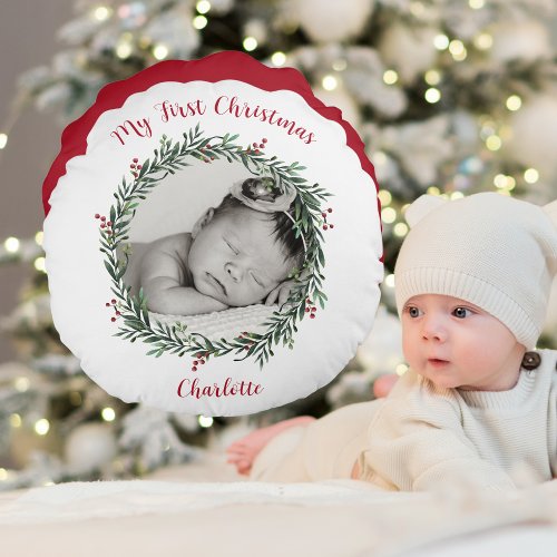 Babys First Christmas Photo With Name Round Pillow