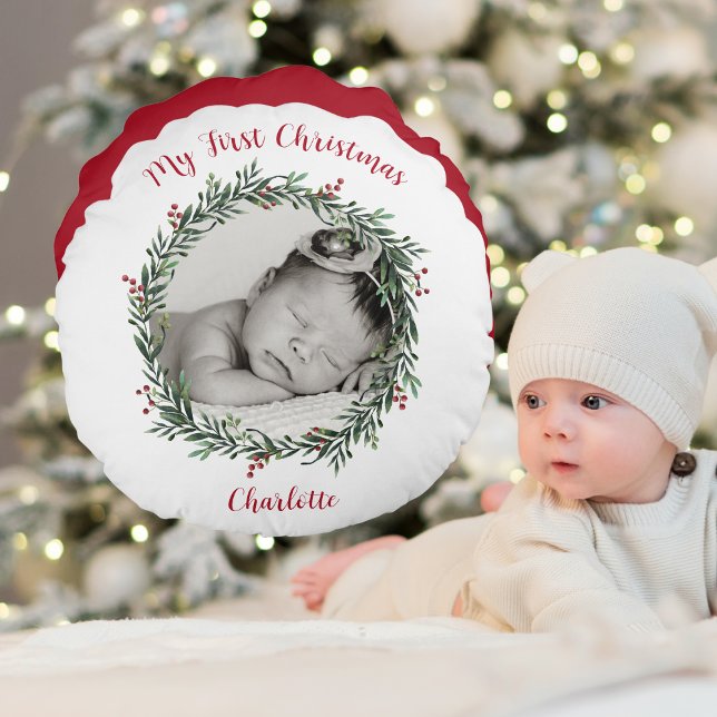 Baby's First Christmas, Photo With Name Round Pillow (Baby's First Christmas, Photo With Name Round Pillow)