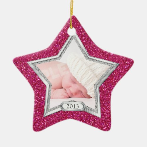 Babys First Christmas Photo Xmas Silver Pink Star Ceramic Ornament