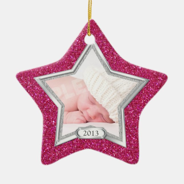 Baby's First Christmas Photo Xmas Silver Pink Star Ceramic Ornament (Front)