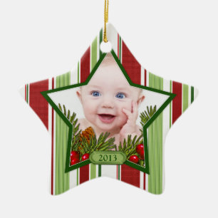 Baby's First Christmas Photo Xmas Stripes Star Ceramic Ornament