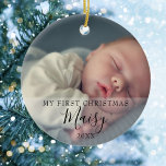 Baby's First Christmas Photos Script Ceramic Ornament<br><div class="desc">Baby's first Christmas photos script ceramic ornament. Personalise with your two favourite baby photos along with their name and date to create a unique memory and gift for a special first Christmas. A lovely keepsake to celebrate your new arrival!</div>