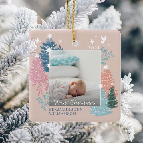 Babys First Christmas Pine Tree Forest Photo Ceramic Ornament