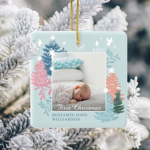 Babys First Christmas Pine Tree Forest Photo Ceramic Ornament